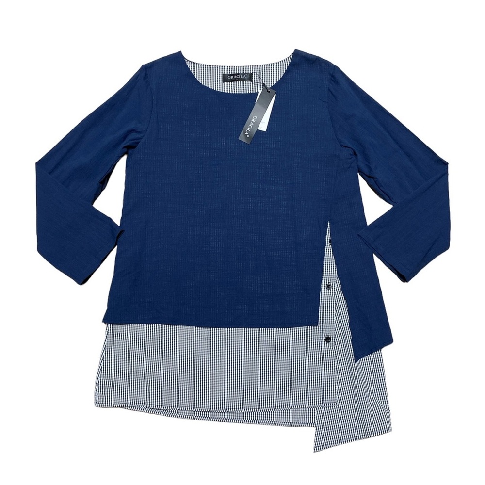 Gracila Crewneck Long Sleeve Shirt Women’s L Asymmetrical Hem Navy Gingham Top